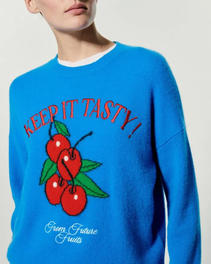 Women Cashmere Sweaters From Future Keep It Tasty Crewneck Sweater Surf Blue