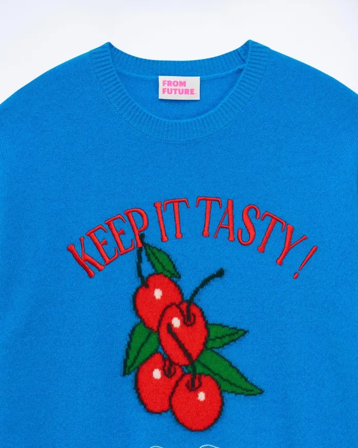 Women Cashmere Sweaters From Future Keep It Tasty Crewneck Sweater Surf Blue