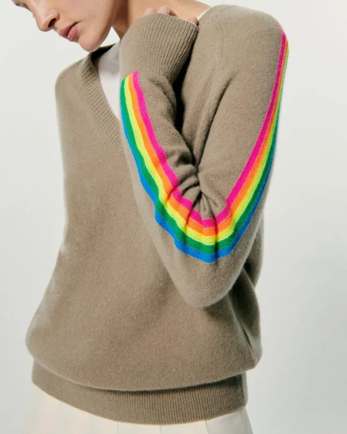 Women Cashmere Sweaters From Future Oversized VNeck Sweater With Multico Sleeves Tropical Taupe