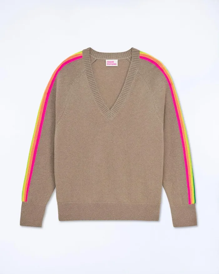 Women Cashmere Sweaters From Future Oversized VNeck Sweater With Multico Sleeves Tropical Taupe