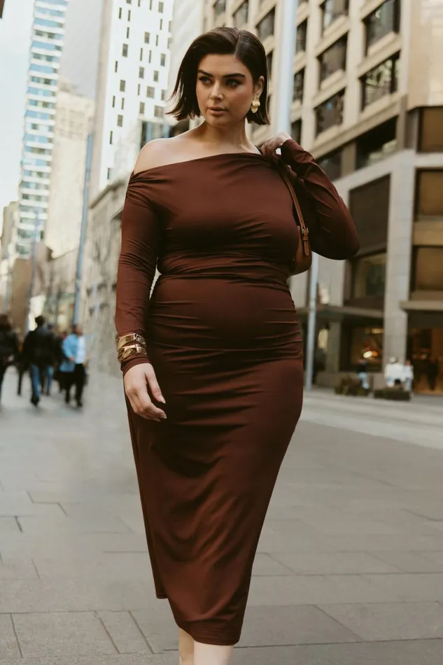 Women Christabel Recycled Nylon Ruched Midi Dress 8211 Chocolate Chocolate Meshki Midi Dresses