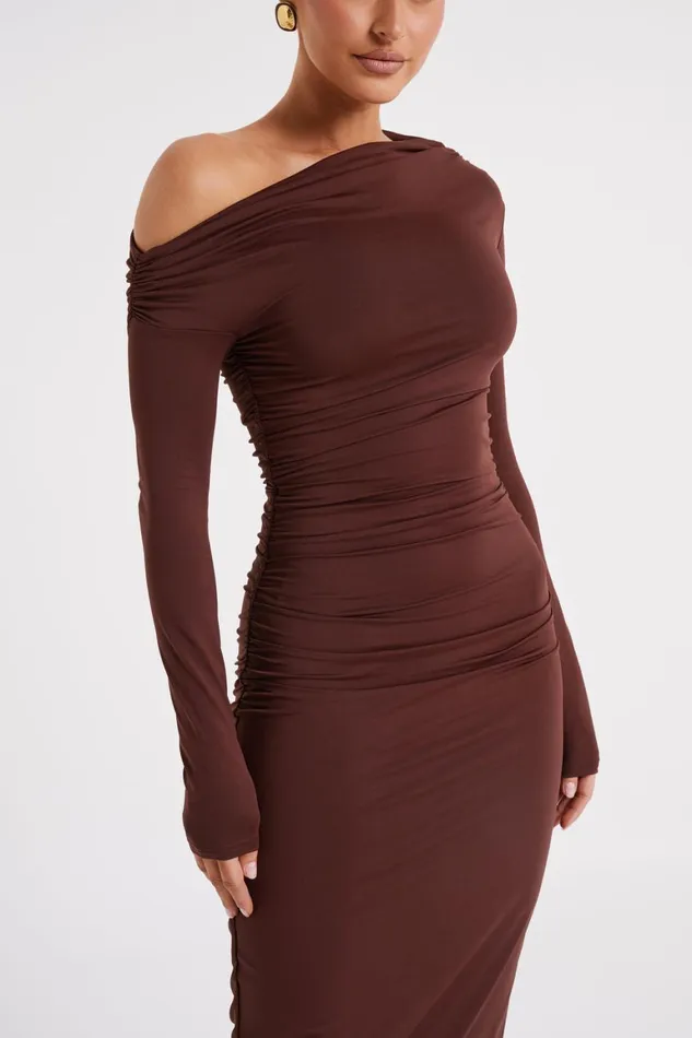 Women Christabel Recycled Nylon Ruched Midi Dress 8211 Chocolate Chocolate Meshki Midi Dresses