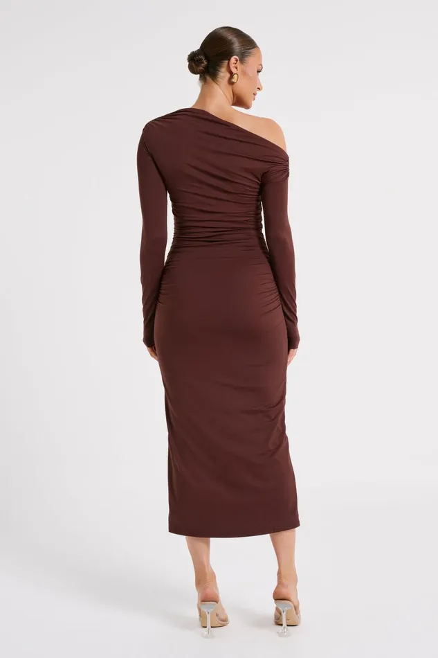 Women Christabel Recycled Nylon Ruched Midi Dress 8211 Chocolate Chocolate Meshki Midi Dresses