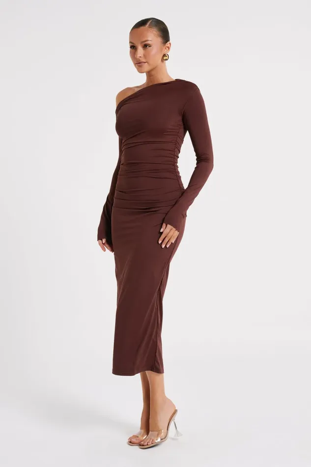 Women Christabel Recycled Nylon Ruched Midi Dress 8211 Chocolate Chocolate Meshki Midi Dresses