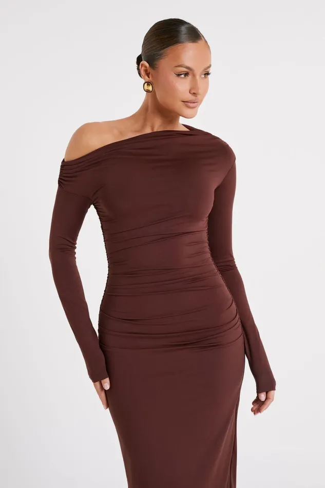 Women Christabel Recycled Nylon Ruched Midi Dress 8211 Chocolate Chocolate Meshki Midi Dresses