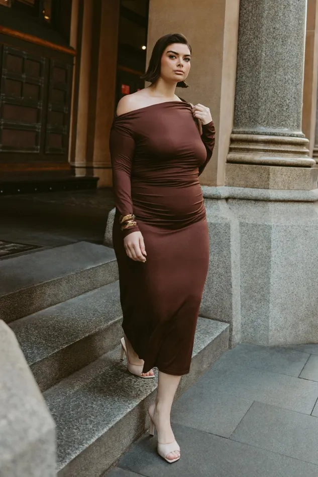 Women Christabel Recycled Nylon Ruched Midi Dress 8211 Chocolate Chocolate Meshki Midi Dresses