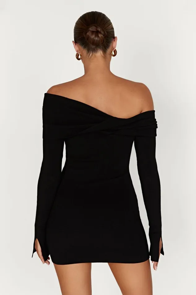Women Clover Off Shoulder Knit Mini Dress 8211 Black Black Meshki Mini Dresses