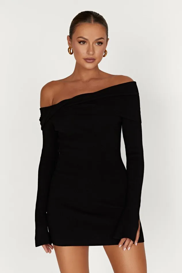 Women Clover Off Shoulder Knit Mini Dress 8211 Black Black Meshki Mini Dresses