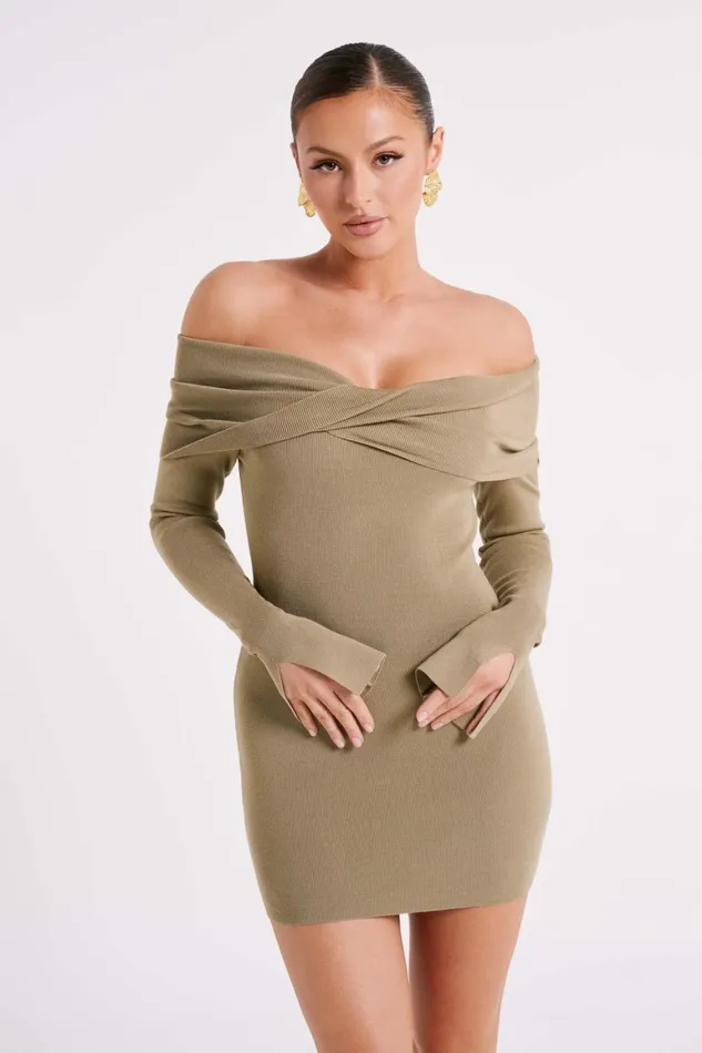 Women Clover Off Shoulder Knit Mini Dress 8211 Olive Olive Meshki Mini Dresses