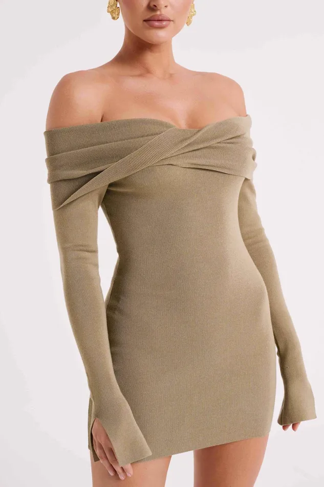 Women Clover Off Shoulder Knit Mini Dress 8211 Olive Olive Meshki Mini Dresses
