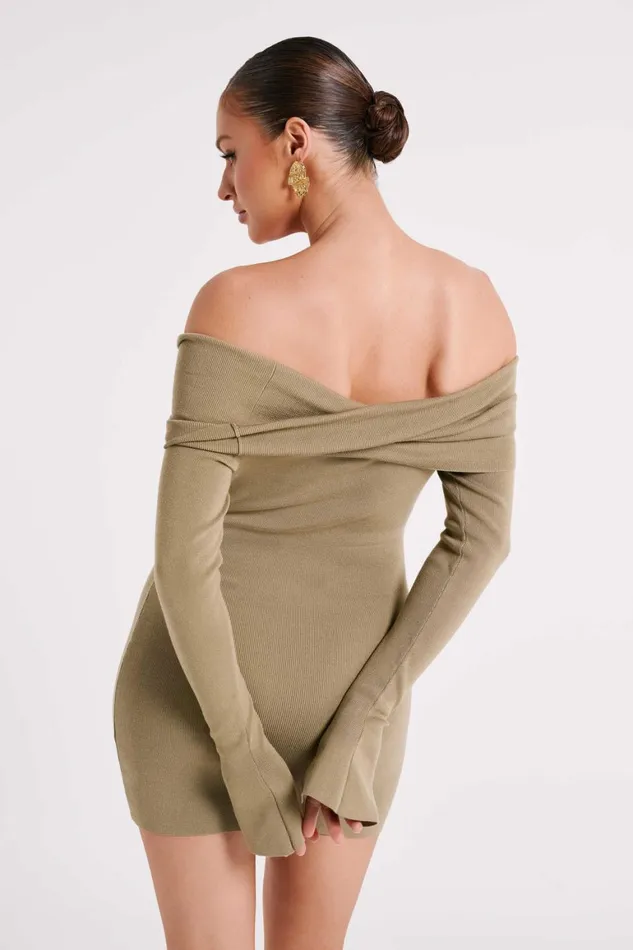 Women Clover Off Shoulder Knit Mini Dress 8211 Olive Olive Meshki Mini Dresses