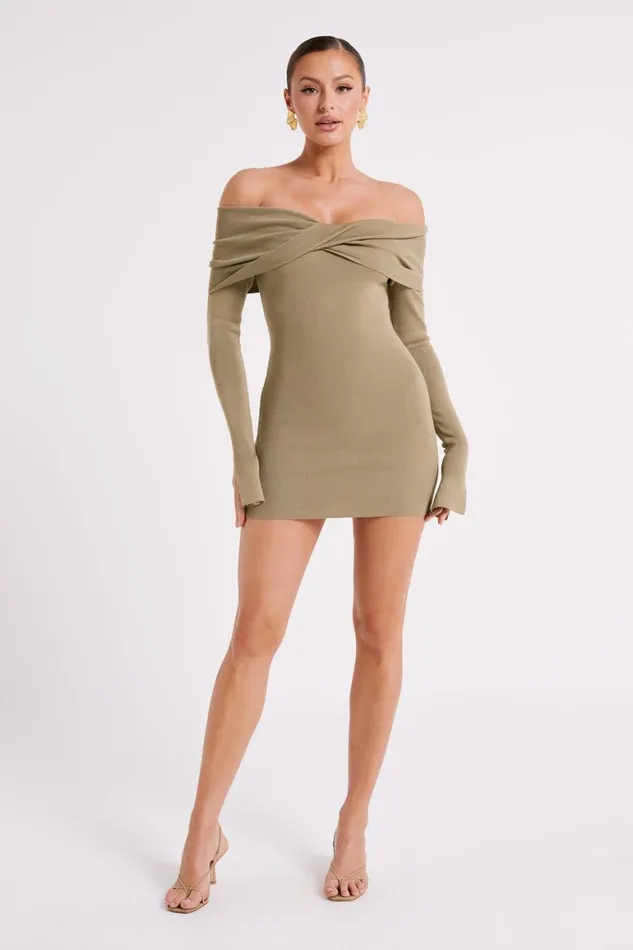 Women Clover Off Shoulder Knit Mini Dress 8211 Olive Olive Meshki Mini Dresses