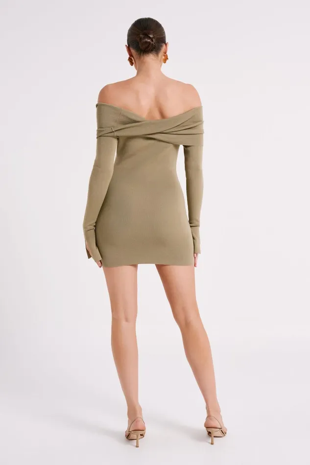 Women Clover Off Shoulder Knit Mini Dress 8211 Olive Olive Meshki Mini Dresses