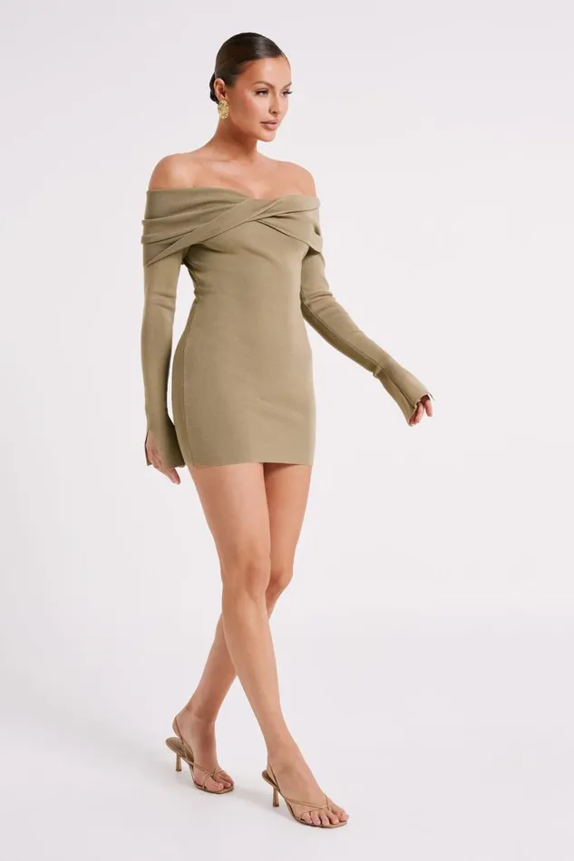 Women Clover Off Shoulder Knit Mini Dress 8211 Olive Olive Meshki Mini Dresses