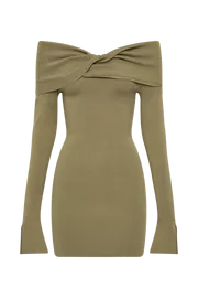 Women Clover Off Shoulder Knit Mini Dress 8211 Olive Olive Meshki Mini Dresses
