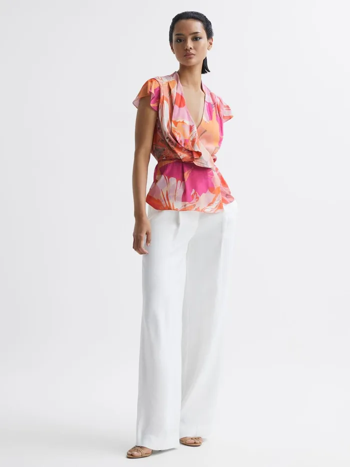 Women Corey Tropical Print Wrap Blouse Pink Reiss Tops