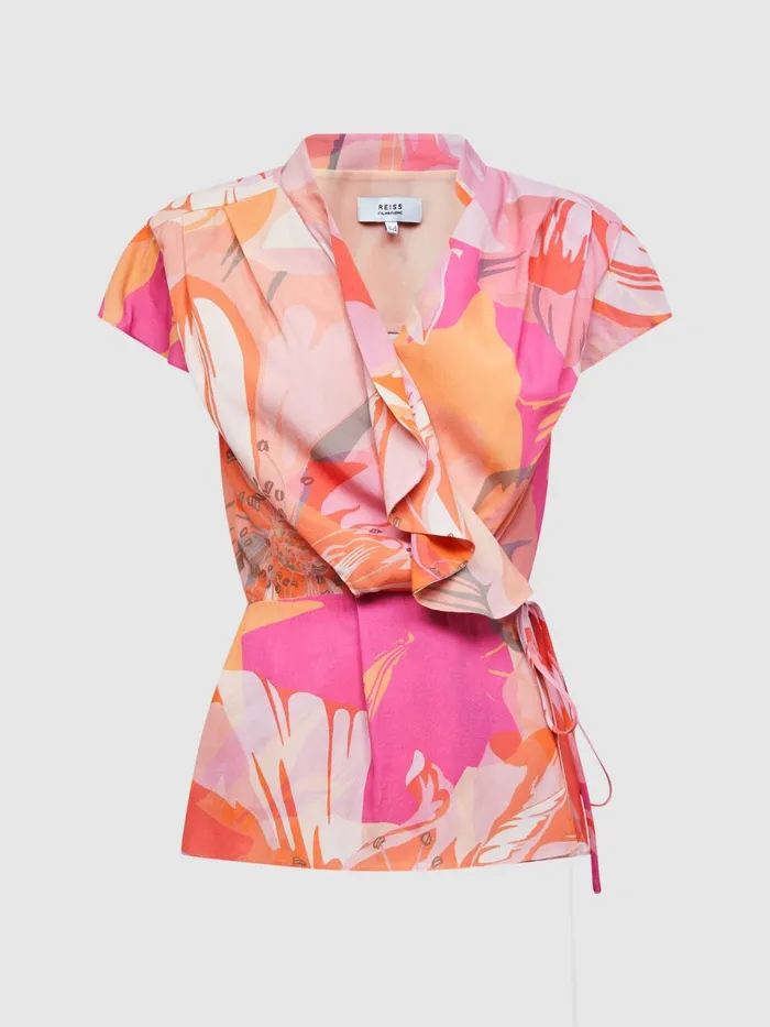 Women Corey Tropical Print Wrap Blouse Pink Reiss Tops