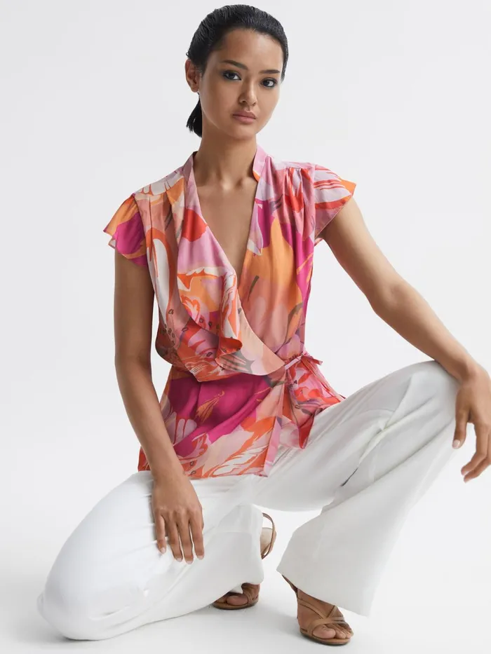 Women Corey Tropical Print Wrap Blouse Pink Reiss Tops