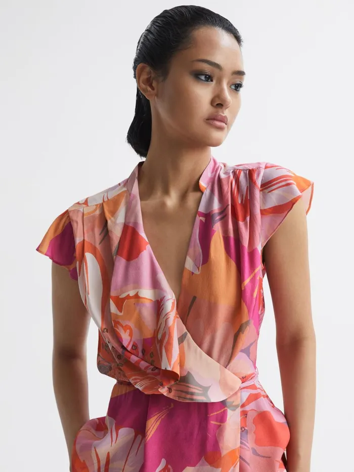 Women Corey Tropical Print Wrap Blouse Pink Reiss Tops