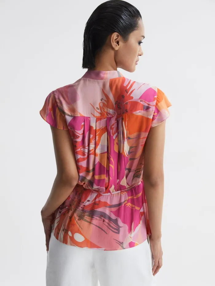 Women Corey Tropical Print Wrap Blouse Pink Reiss Tops