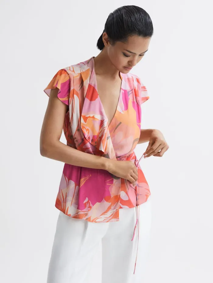 Women Corey Tropical Print Wrap Blouse Pink Reiss Tops