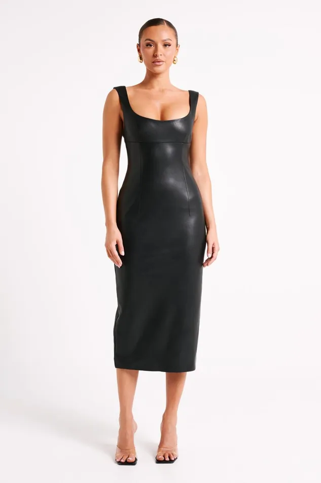 Women Cynthia Faux Leather Midi Dress 8211 Black Black Meshki Midi Dresses