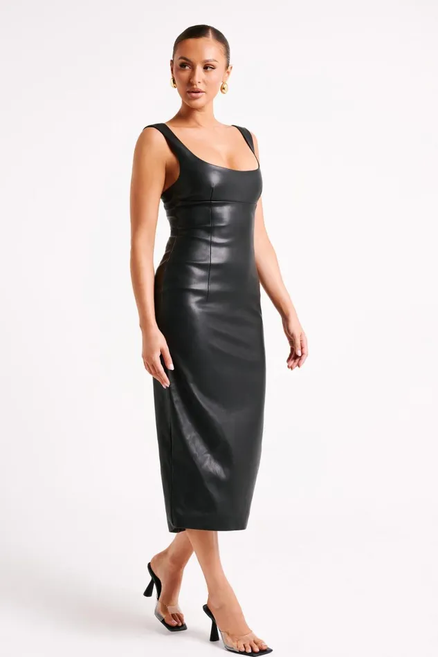 Women Cynthia Faux Leather Midi Dress 8211 Black Black Meshki Midi Dresses