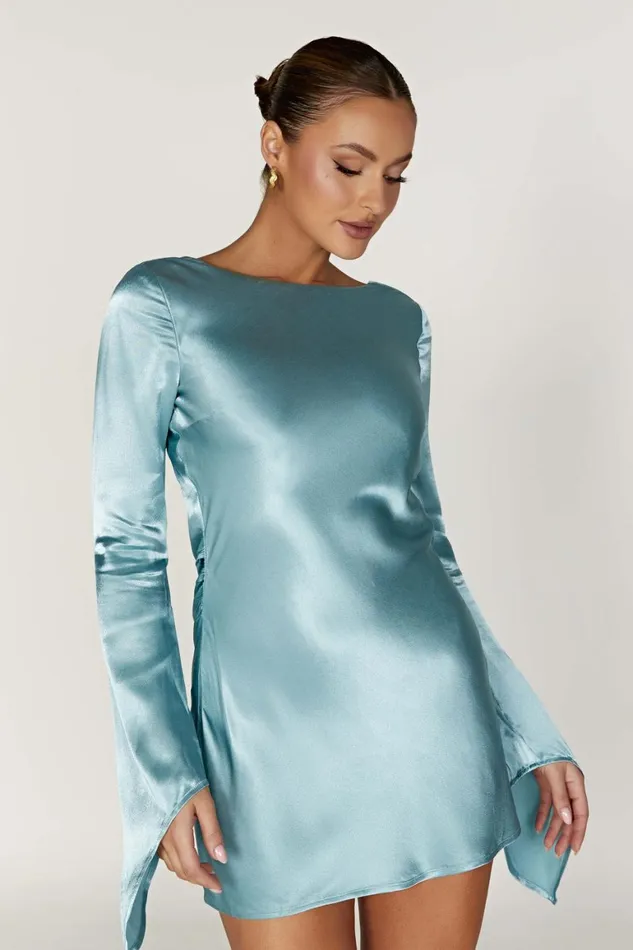 Women Davina Satin Long Sleeve Mini Dress 8211 Powder Blue Powderblue Meshki Mini Dresses