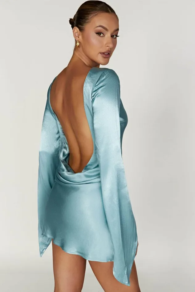 Women Davina Satin Long Sleeve Mini Dress 8211 Powder Blue Powderblue Meshki Mini Dresses
