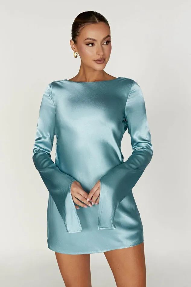Women Davina Satin Long Sleeve Mini Dress 8211 Powder Blue Powderblue Meshki Mini Dresses
