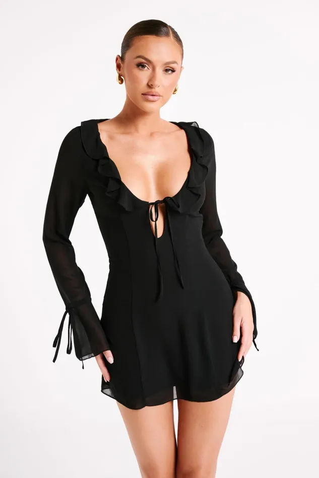 Women Deja Long Sleeve Chiffon Mini Dress 8211 Black Black Meshki Mini Dresses