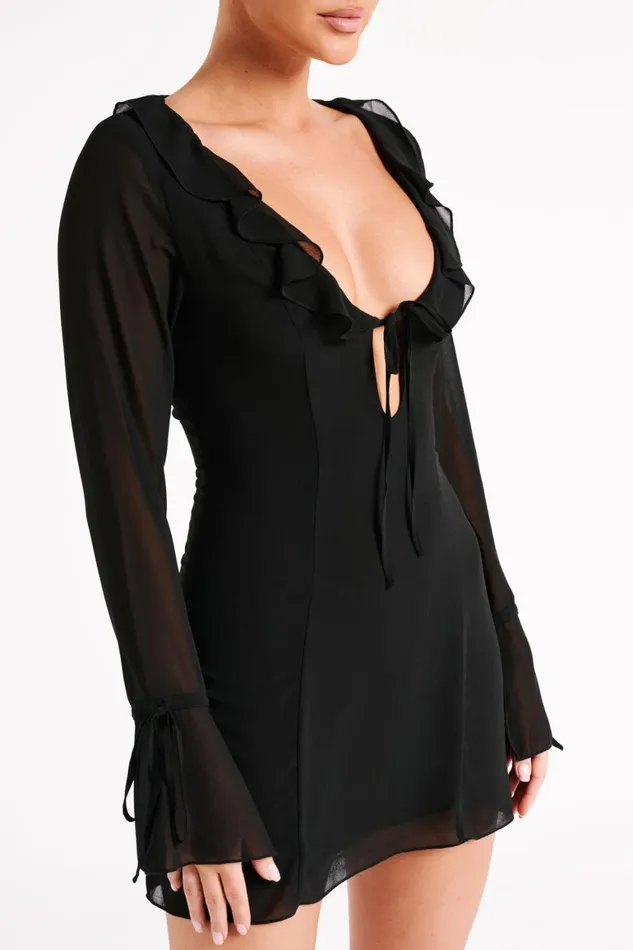Women Deja Long Sleeve Chiffon Mini Dress 8211 Black Black Meshki Mini Dresses