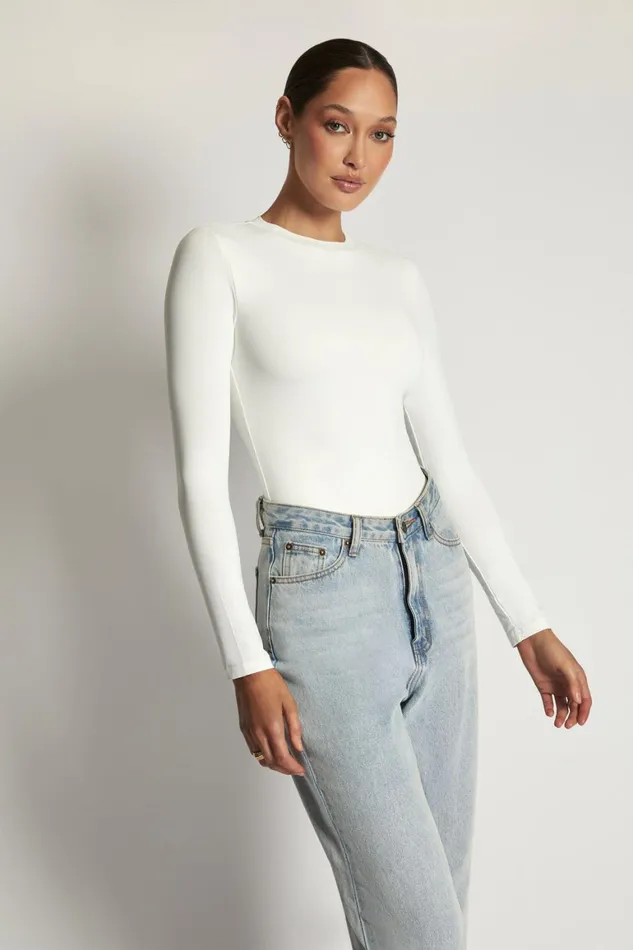 Women Delilah Long Sleeve Crew Neck Bodysuit 8211 White White Meshki Bodysuits