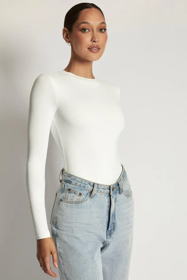 Women Delilah Long Sleeve Crew Neck Bodysuit 8211 White White Meshki Bodysuits