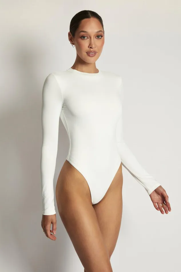 Women Delilah Long Sleeve Crew Neck Bodysuit 8211 White White Meshki Bodysuits