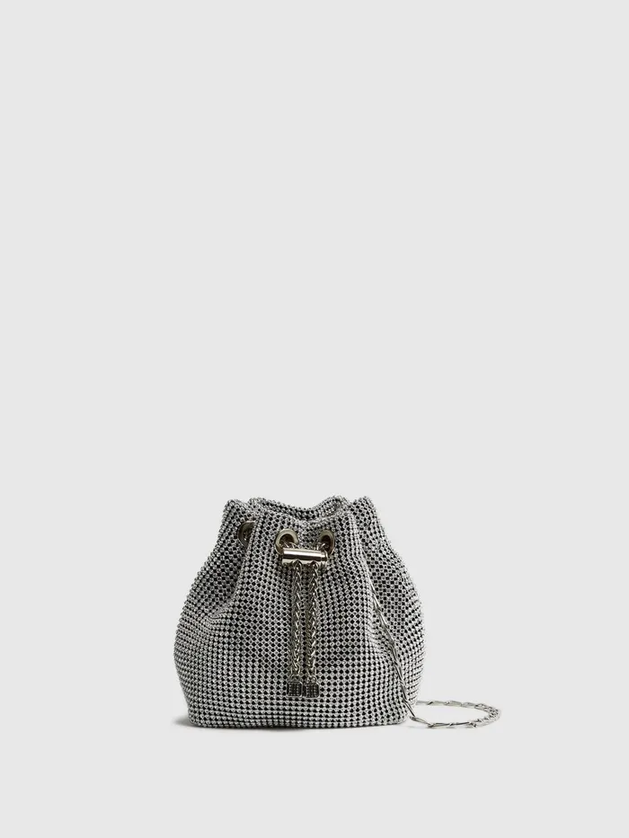 Women Demi Crystal Mini Bucket Bag Silver Reiss Bags