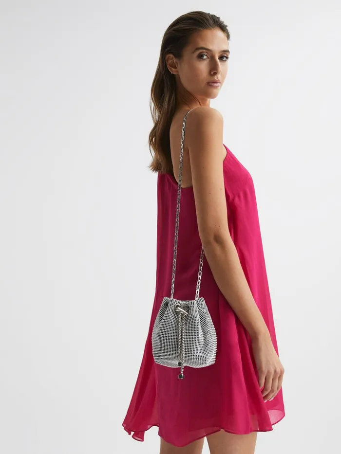 Women Demi Crystal Mini Bucket Bag Silver Reiss Bags