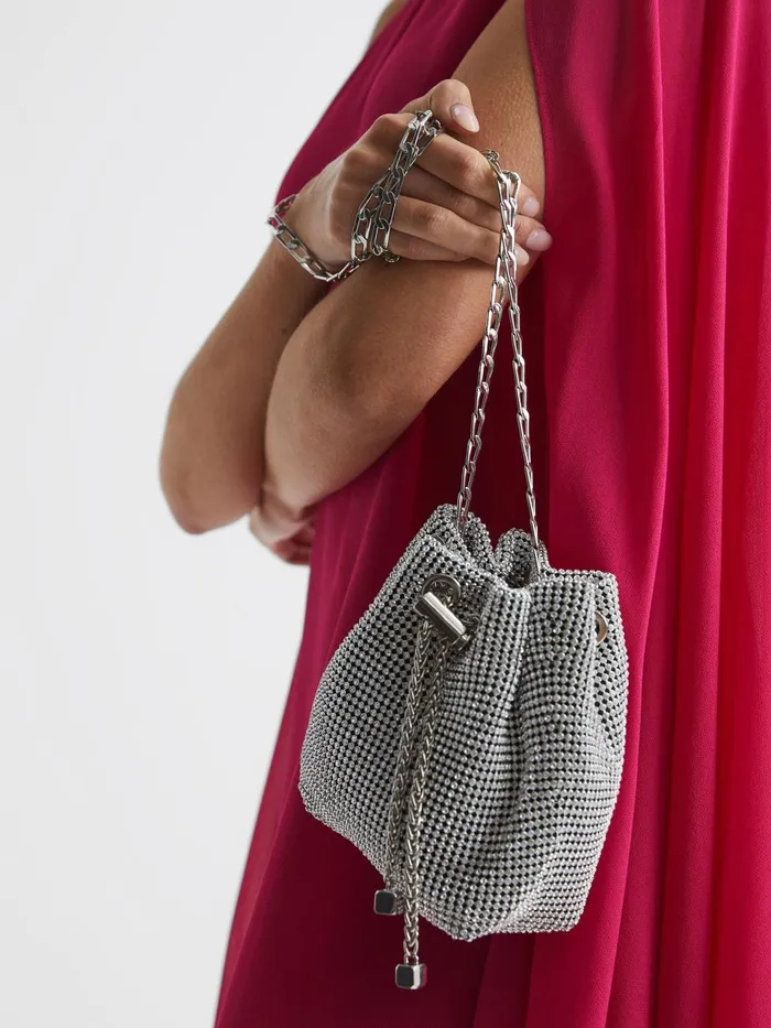 Women Demi Crystal Mini Bucket Bag Silver Reiss Bags