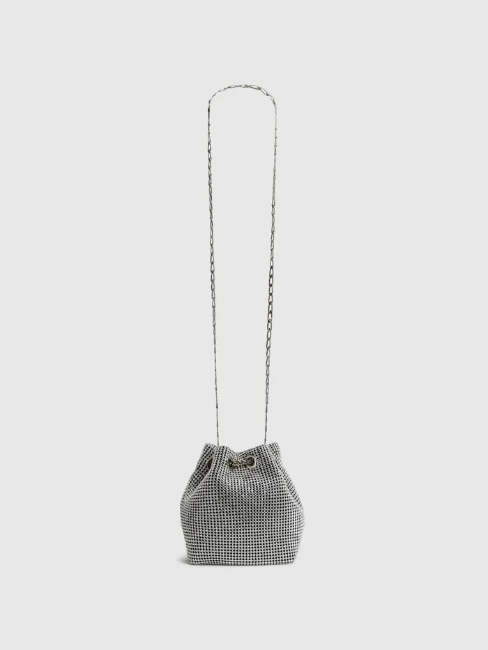 Women Demi Crystal Mini Bucket Bag Silver Reiss Bags