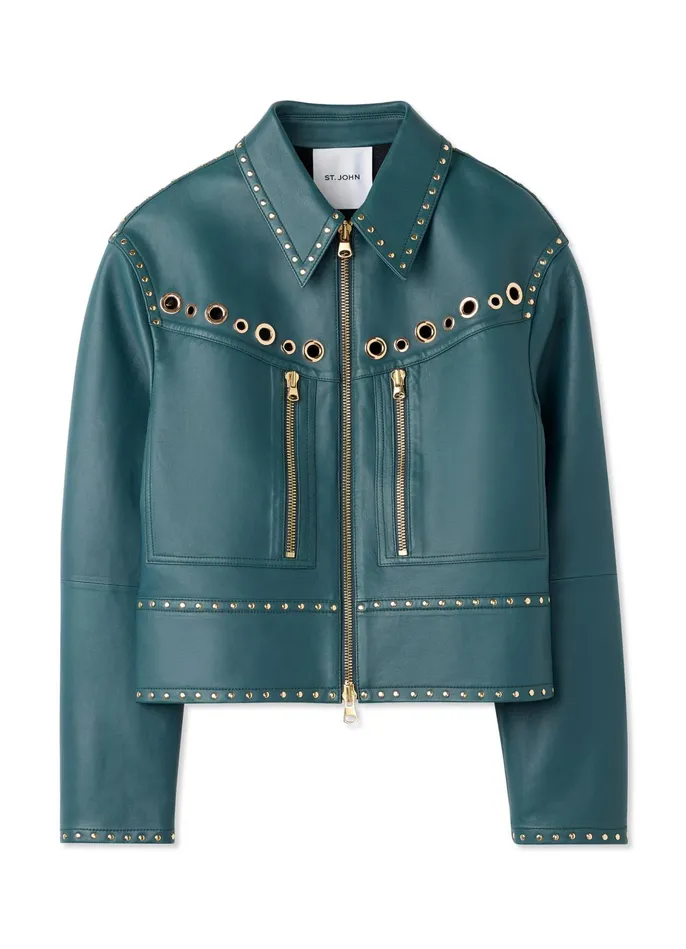 Women Doubleface Leather Embellished Jacket Prussian Blue St John Jackets and Coats