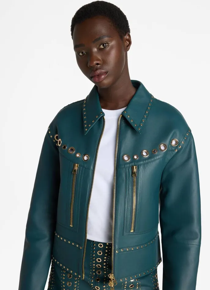 Women Doubleface Leather Embellished Jacket Prussian Blue St John Jackets and Coats Women Doubleface Leather Embellished Jacket Prussian Blue St John Jackets and Coats