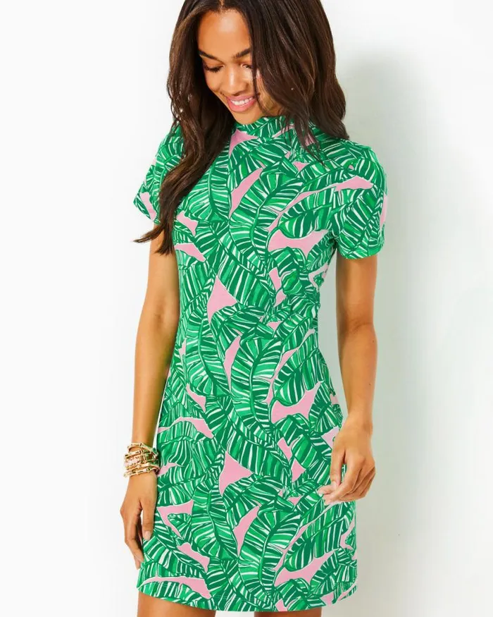 Women Dresses Lilly Pulitzer Hallie Short Sleeve Dress Conch Shell Pink Lets Go Bananas