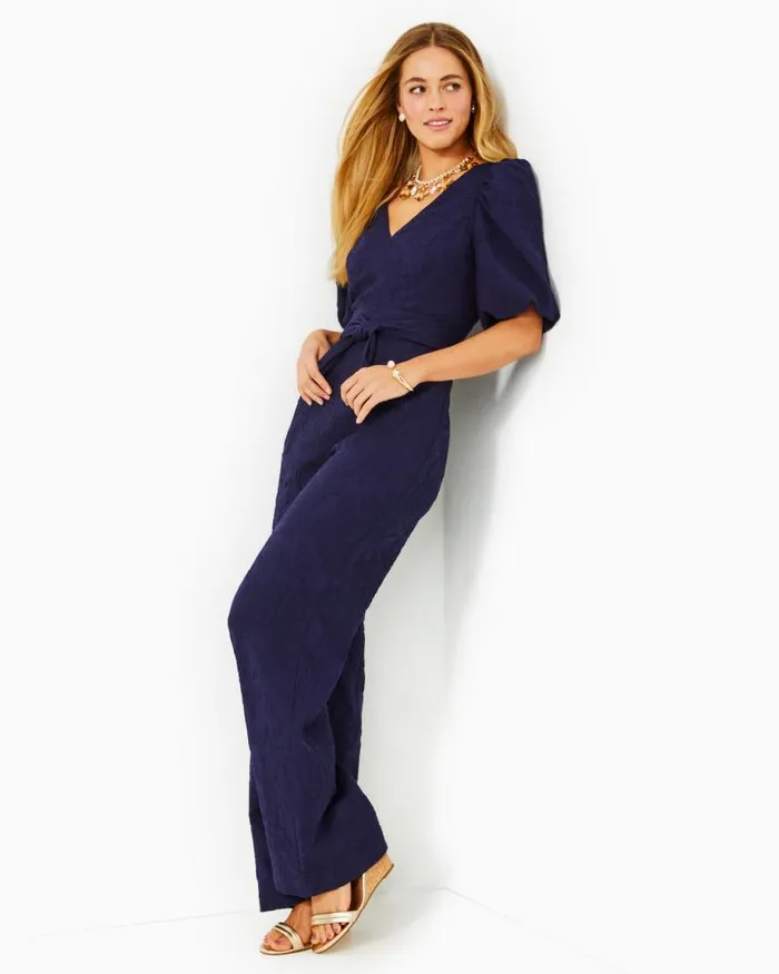 Women Dresses Lilly Pulitzer Kirrabelle Jumpsuit True Navy Pineapple Pucker Jacquard