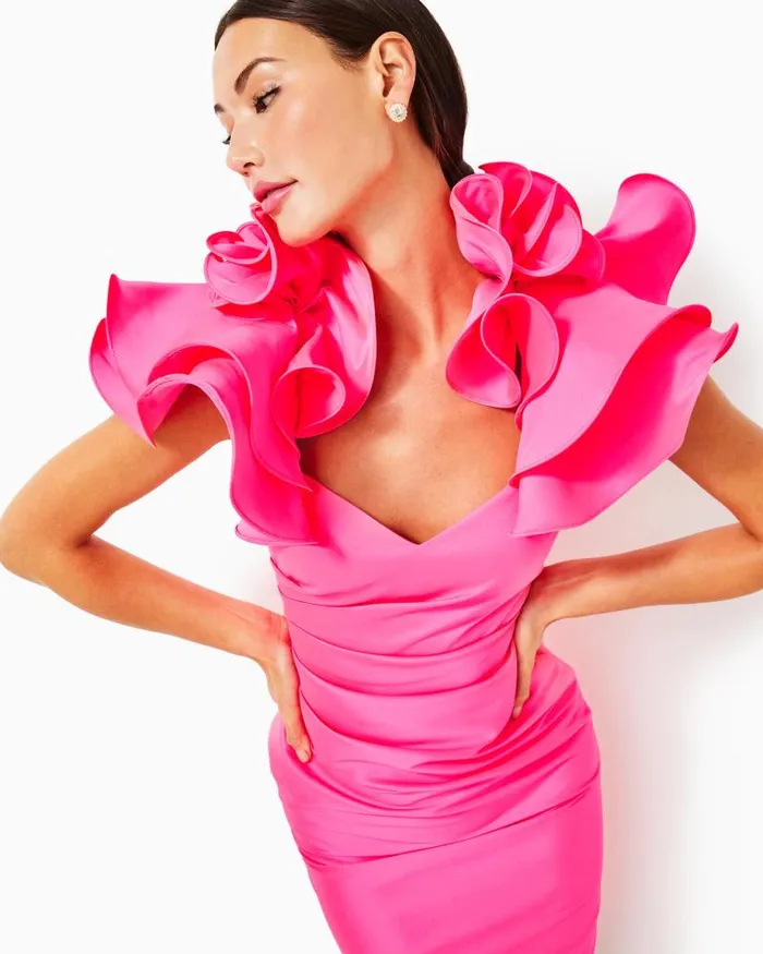 Women Dresses Lilly Pulitzer Lilly Pulitzer X Badgley Mischka Honor Ruffle Dress Roxie Pink