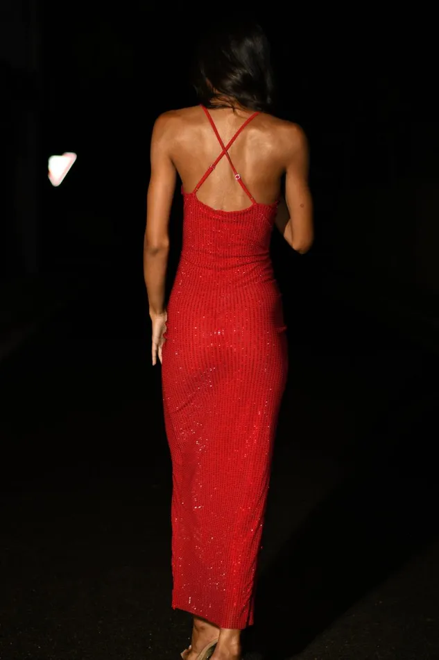 Women Emeraude Diamante Ruched Midi Dress 8211 Vermilion Red Vermilionred Meshki Midi Dresses