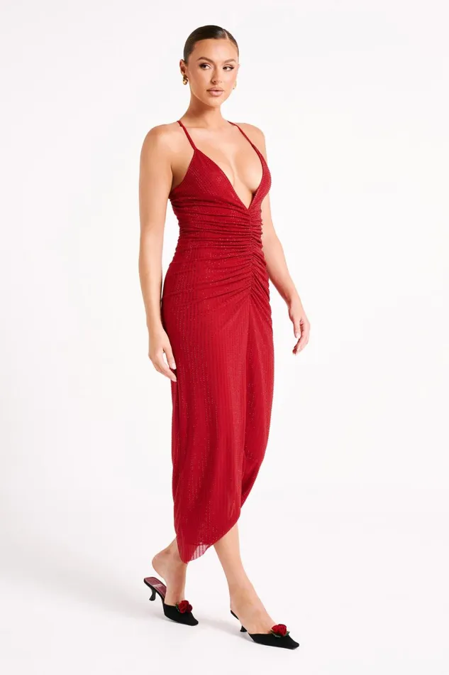 Women Emeraude Diamante Ruched Midi Dress 8211 Vermilion Red Vermilionred Meshki Midi Dresses