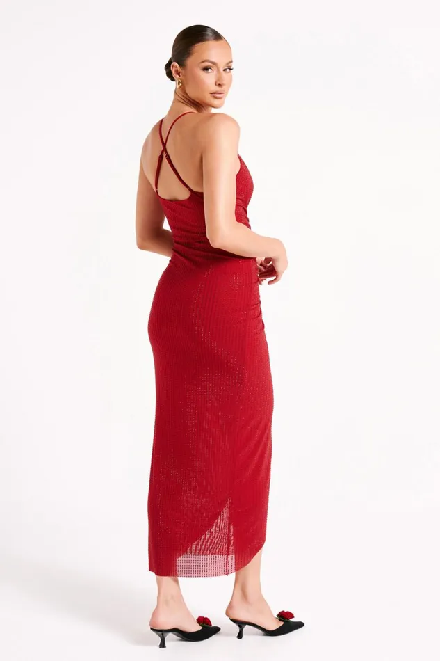 Women Emeraude Diamante Ruched Midi Dress 8211 Vermilion Red Vermilionred Meshki Midi Dresses