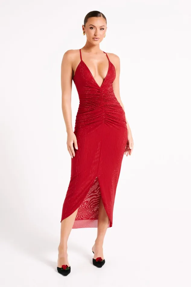 Women Emeraude Diamante Ruched Midi Dress 8211 Vermilion Red Vermilionred Meshki Midi Dresses