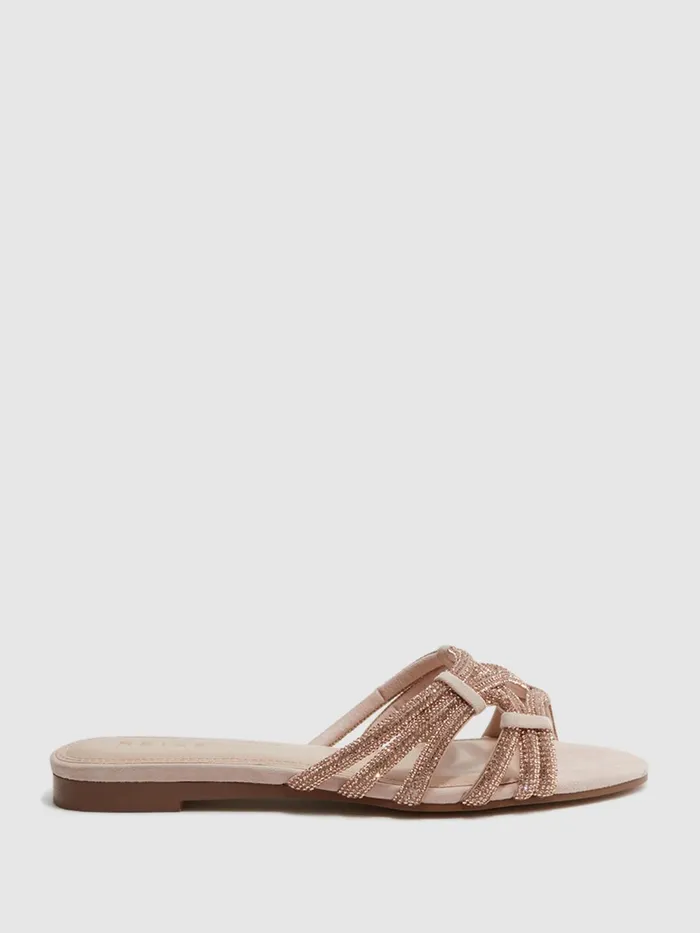 Women Eryn Flat Suede Suede Embellished Flat Sandals Nude Reiss Flats
