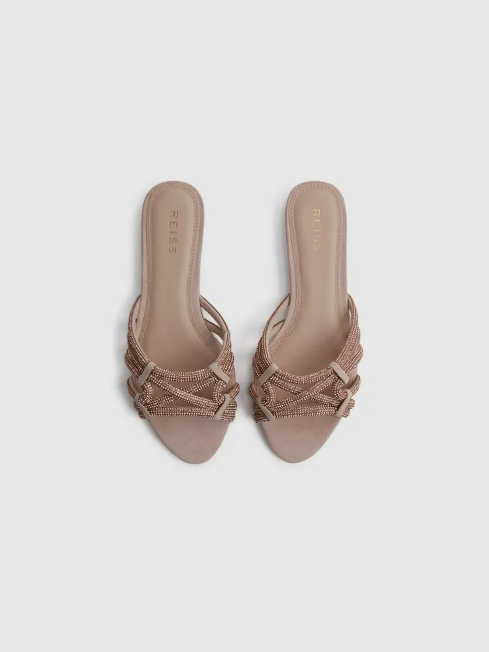 Women Eryn Flat Suede Suede Embellished Flat Sandals Nude Reiss Flats